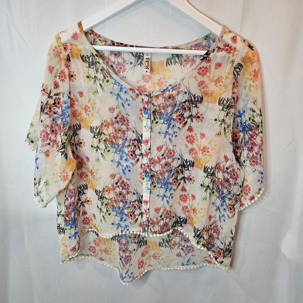Mudd Women's Med Boho Floral Sheer Button Front Blouse Top Hi-Low Hem Pom Trim